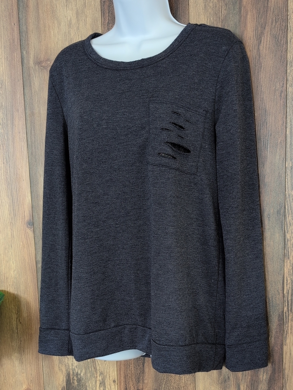 12 Pm By Mon Ami Long Sleeve Distressed Pocket Tee Top M 766A